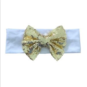 New Gold Sequin Bow on White Stretch Knit Headband, Comfortable Fit